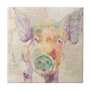 Watercolor Farm Collage Pig Tile