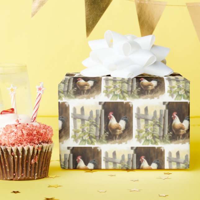 Watercolor Farm Rooster Wrapping Paper (Birthday Party)