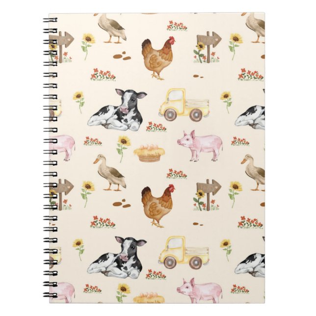 Watercolor Farm Scene Seamless Pattern Notebook (Front)