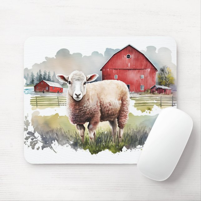 Watercolor Farm Sheep Mouse Pad (With Mouse)