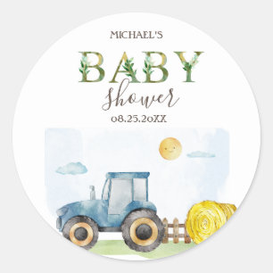 Watercolor Farm Tractor Hay Baby Shower Classic Round Sticker