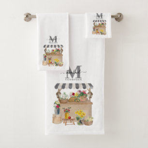 Watercolor Farmer's Market Floral Cart Monogram Bath Towel Set