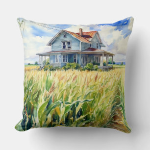 Watercolor Farmhouse and Corn Field Cushion