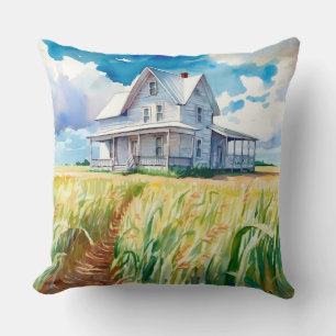 Watercolor Farmhouse and Corn Field Throw Pillow