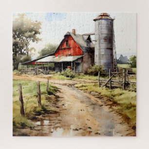 Watercolor Farmhouse with Silo Puzzle