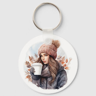 Watercolor fashion winter girl with coffee key ring
