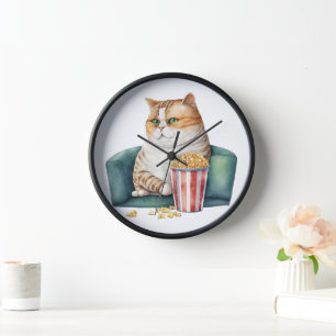 WATERCOLOR FAT CAT SITTING IN CHAIR EATING POPCORN CLOCK