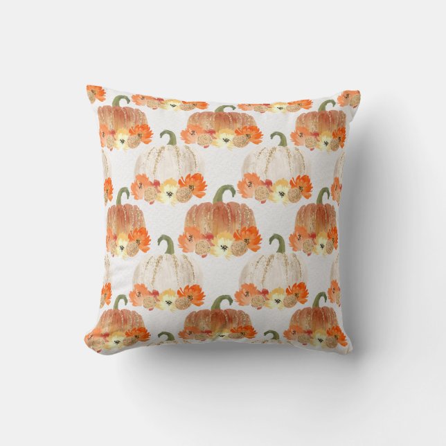 Watercolor Faux Glitter Fall Pumpkins  Cushion (Front)