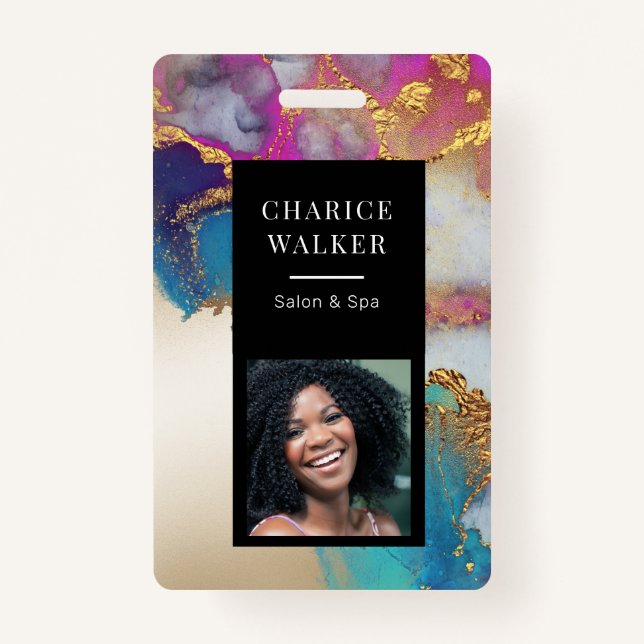 watercolor faux gold foil salon photo name ID badge (Front)
