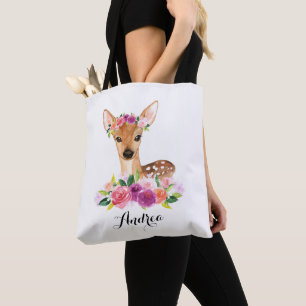 Watercolor Fawn with Floral Crown Personalised Tote Bag
