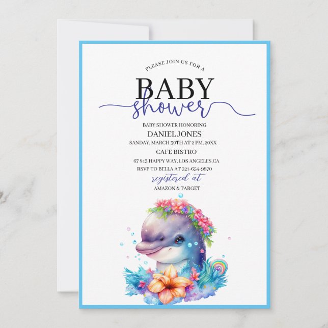  Watercolor fcute dolphin baby shower Invitation (Front)