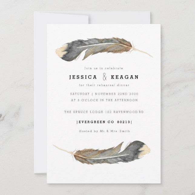 Watercolor Feather Duo Rehearsal Dinner Invitation (Front)
