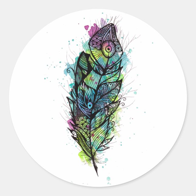 Watercolor Feather Tattoo Classic Round Sticker (Front)