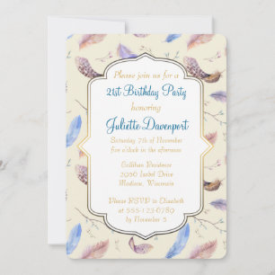 Watercolor Feathers and Fancy Frame Birthday Invitation