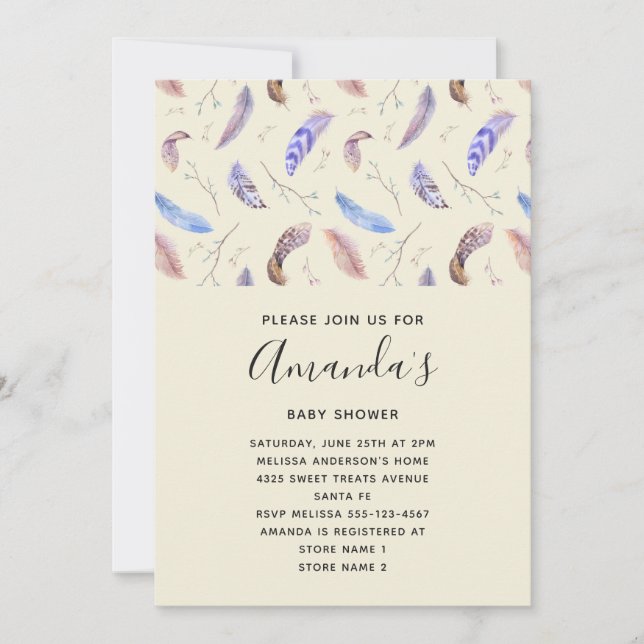 Watercolor Feathers and Leaves Invitation (Front)