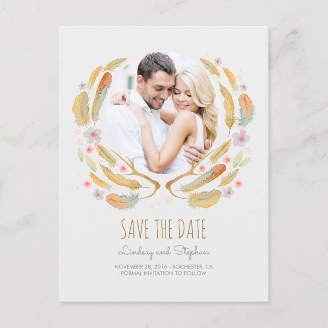 Watercolor Feathers Antlers Photo Save the Date Announcement Postcard (Front)