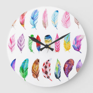 Watercolor Feathers: Beautiful Collection Vintage. Large Clock
