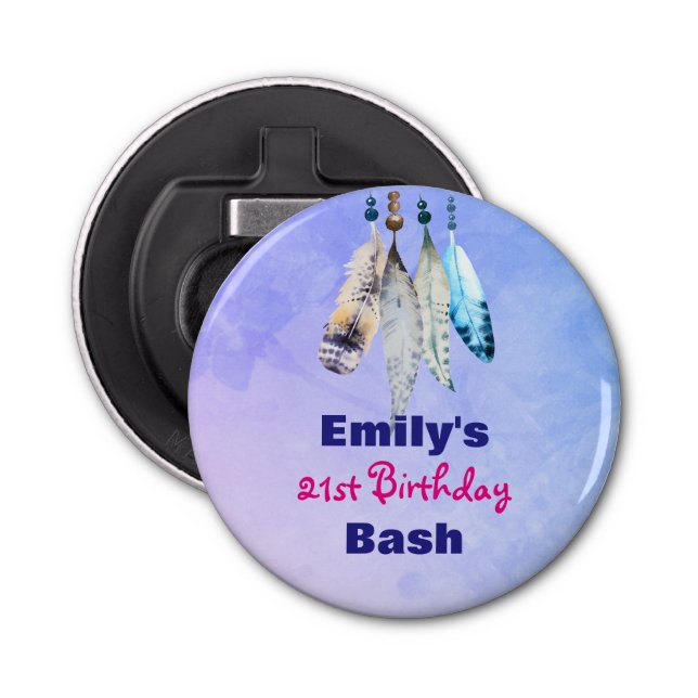 Watercolor Feathers Birthday Bash Favour Bottle Opener (Front)