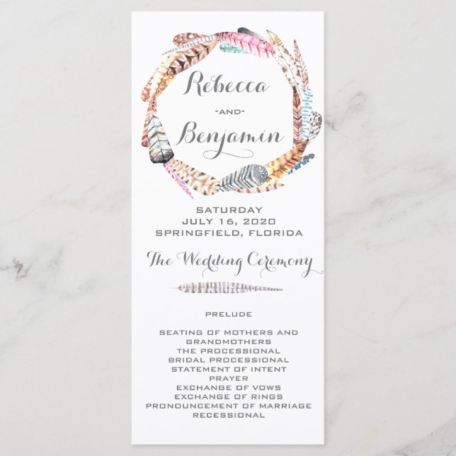 Watercolor Feathers Bohemian Wedding Programs (Front)