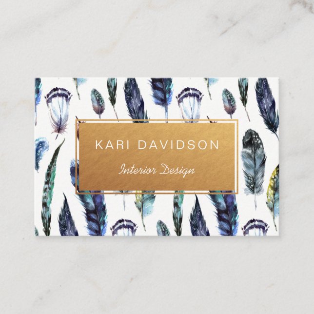 Watercolor Feathers Business Cards | Gold (Front)