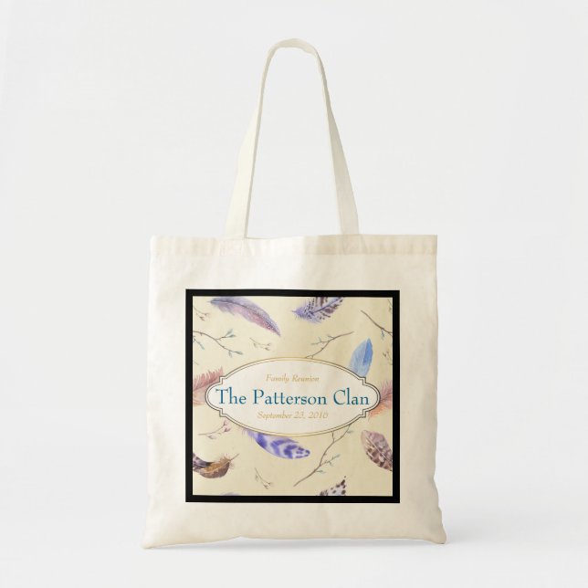 Watercolor Feathers + Fancy Frame Family Reunion Tote Bag (Front)