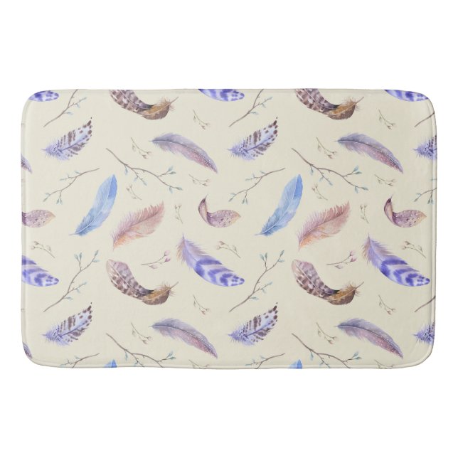 Watercolor Feathers Leaves and Branches Pattern Bath Mat (Front)