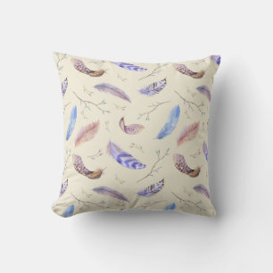 Watercolor Feathers Leaves and Branches Pattern Cushion