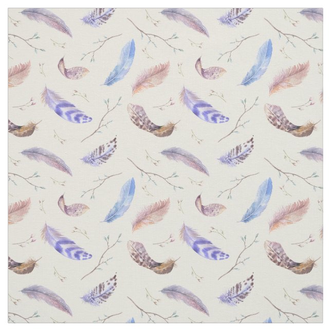 Watercolor Feathers Leaves and Branches Pattern Fabric (Swatch)
