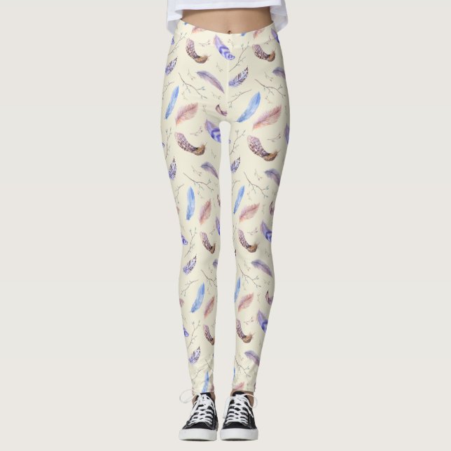 Watercolor Feathers Leaves and Branches Pattern Leggings (Front)
