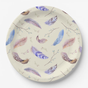 Watercolor Feathers Leaves and Branches Pattern Paper Plate