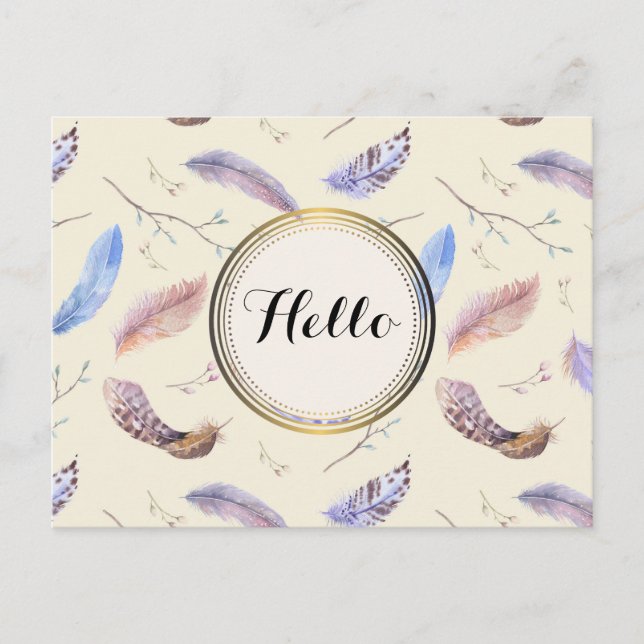 Watercolor Feathers Leaves and Stems Pattern Postcard (Front)