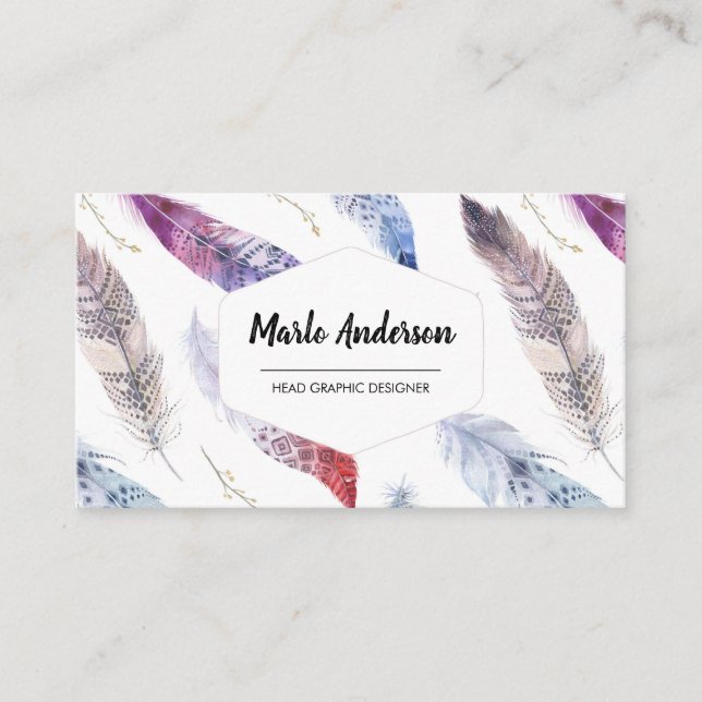 Watercolor Feathers Modern Boho Business Card (Front)