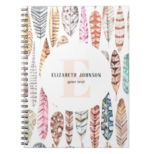 Watercolor feathers. Name. Feminine boho pattern Notebook