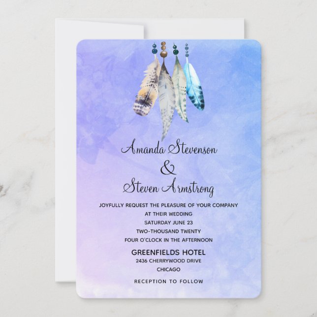Watercolor Feathers on Bluish Purple Wedding Invitation (Front)