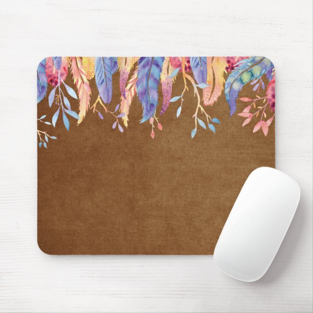 Watercolor Feathers On Brown Mouse Pad (With Mouse)