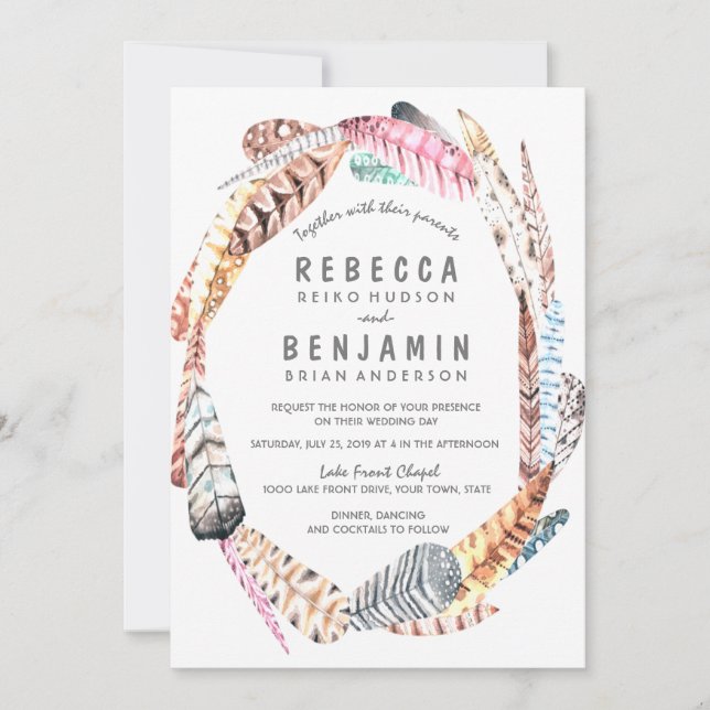 Watercolor Feathers Rustic Bohemian Wedding Invite (Front)