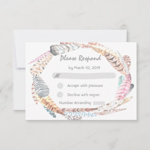 Watercolor Feathers Rustic Bohemian Wedding RSVP Card