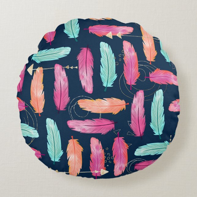 Watercolor feathers seamless boho pattern with fea round cushion (Front)