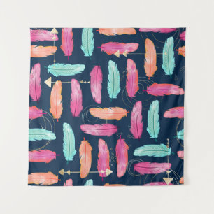 Watercolor feathers seamless boho pattern with fea tapestry