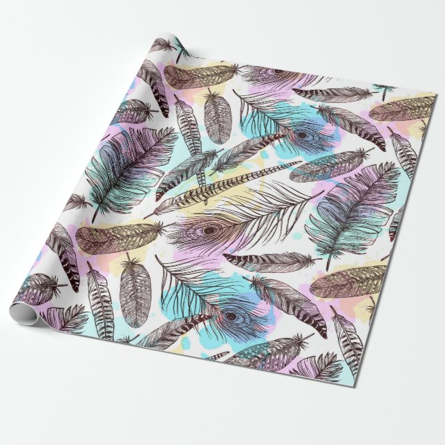 Watercolor Feathers Wrapping Paper (Unrolled)