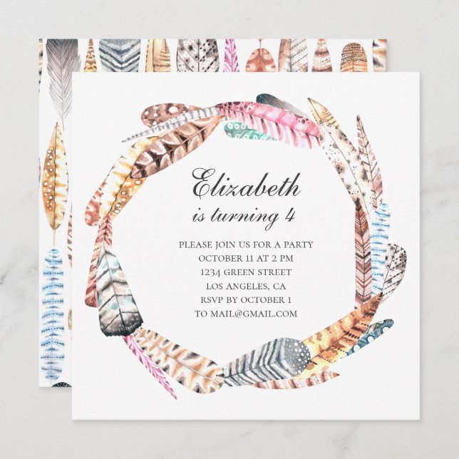 Watercolor feathers wreath. Boho birthday party Invitation (Front/Back)