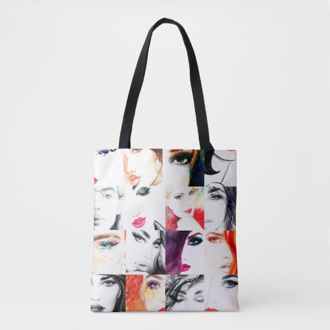 Watercolor female portrait pattern tote bag (Front)