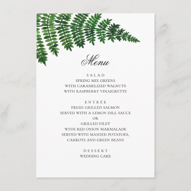 Watercolor fern. Woodland wedding. Botanical Menu (Front)