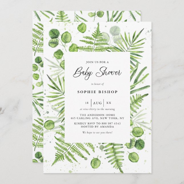 Watercolor Ferns and Eucalyptus Frame Baby Shower Invitation (Front/Back)
