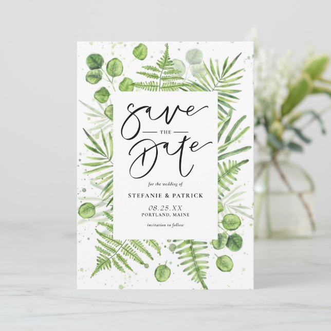 Watercolor Ferns and Eucalyptus Frame Save The Date (Standing Front)