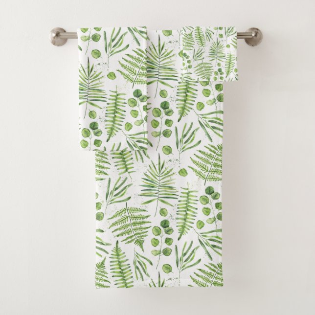Watercolor Ferns and Eucalyptus Pattern Bath Towel Set (Insitu)