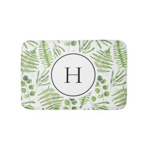 Watercolor Ferns and Eucalyptus Pattern Monogram Bath Mat