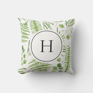 Watercolor Ferns and Eucalyptus Pattern Monogram Cushion