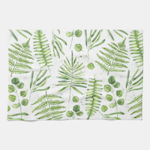 Watercolor Ferns and Eucalyptus Pattern Tea Towel
