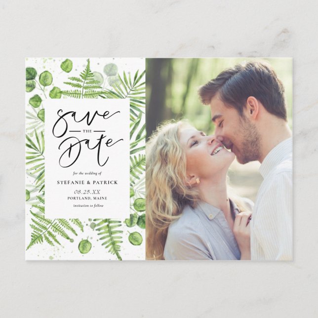 Watercolor Ferns & Eucalyptus Photo Save the Date Announcement Postcard (Front)